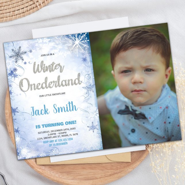 Vinter födelsedagsinbjudningar Blå Silver Foto Inbjudningar (Winter Birthday Invitations Blue Silver Photo)
