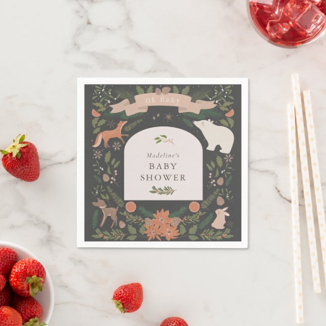 Vinter Foliage Woodland Animals Navy Baby Shower Pappersservett (Insitu)