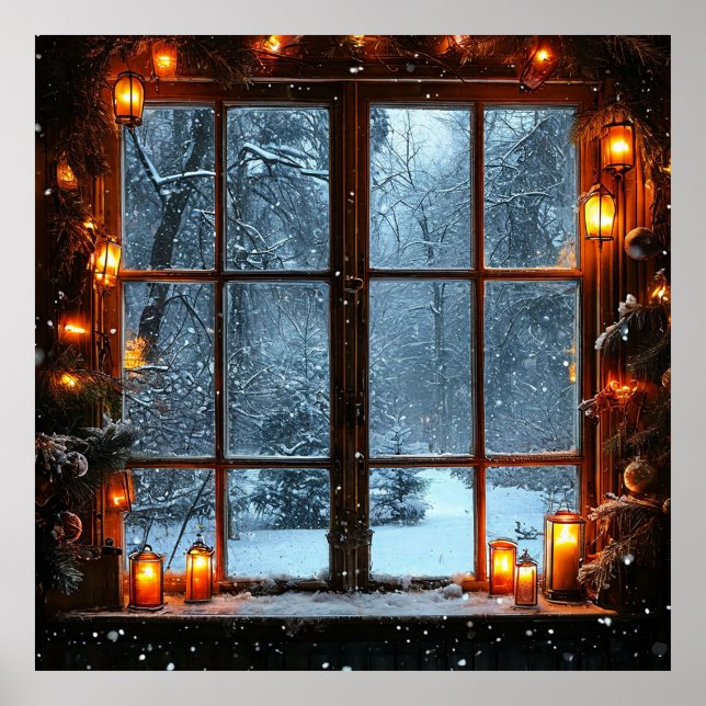 ❄️ Vinter Fönsterutsikt Naturskön Landskap Illusio Poster (Framsidan)
