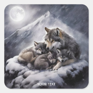 Vinter för Fantasy Cute Varg Family Fyrkantigt Klistermärke