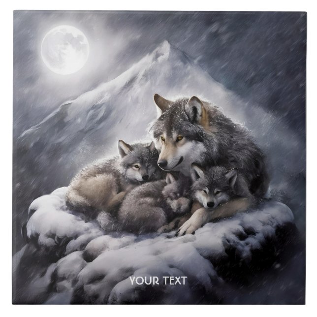 Vinter för Fantasy Cute Varg Family Kakelplatta (Framsidan)