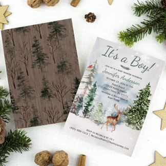 Vinter Forest Woodland Land Hjort Baby Shower Inbjudningar