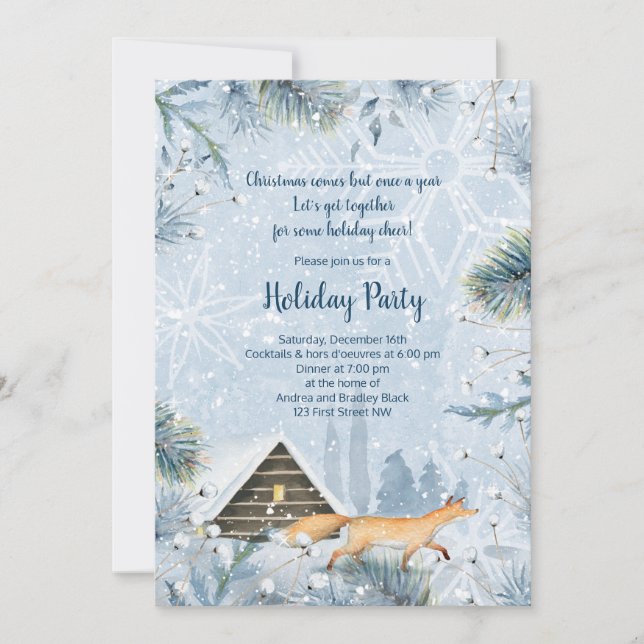 Vinter Fox Cabin Snö-inbjudan till julfest Julkort (Framsida)