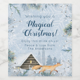 Vinter Fox Cabin Snö Personlig jul Vinflaska Etikett