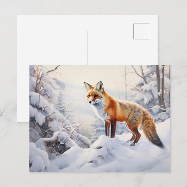 Vinter Fox i Skogen Vykort (Fram/baksida)