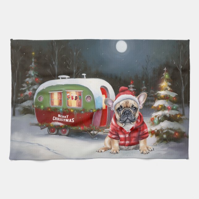Vinter Fransk Bulldogg Husvagn Juläventyr Kökshandduk (Horisontell)