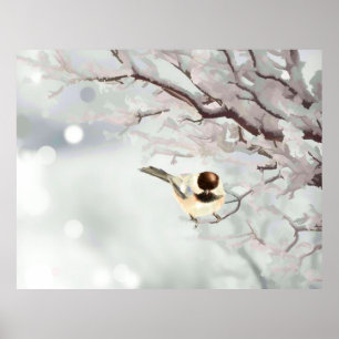 Vinter Frostig Träd Chickadee Fågel Poster