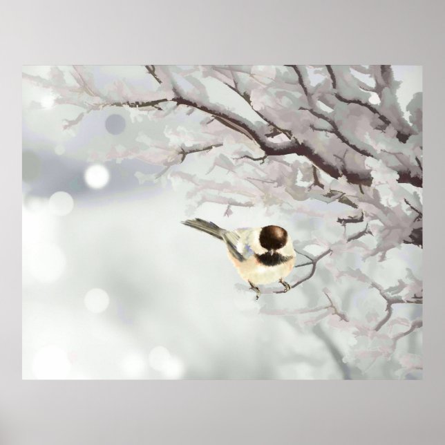 Vinter Frostig Träd Chickadee Fågel  Poster (Framsidan)