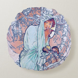 Vinter (fyra sjöar), Alphonse Mucha Dekorativ kudd Rund Kudde