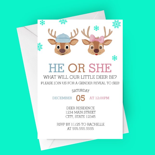 Vinter-Gender - inbjudan att visa Hjort (Little Deer Be, Winter Themed Gender Reveal Party Invitation)