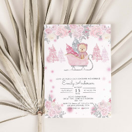 Vinter Girl Woodland Bear Blommigt Baby Shower Inbjudningar