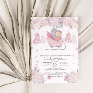 Vinter Girl Woodland Bear Blommigt Baby Shower Inbjudningar
