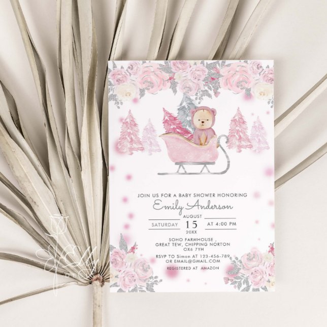 Vinter Girl Woodland Bear Blommigt Baby Shower Inbjudningar (Skapare uppladdad)