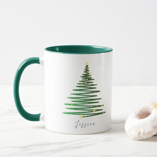 Vinter Glitter Grönt Träd Personlig jul Mugg (Med munk)
