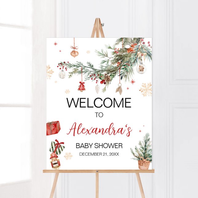 Vinter God Jul Liten Jul Baby Shower Välkomstskylt Poster (Merry Little Winter Christmas Baby Shower Welcome Sign)