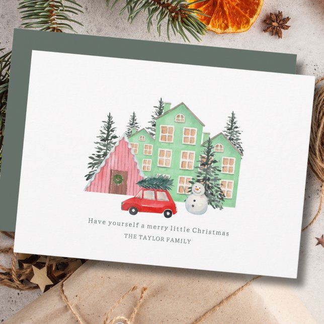 vinter God jul stuga akvarell söt Julkort (winter Christmas cottage house snowman vintage watercolor holiday personalized card)