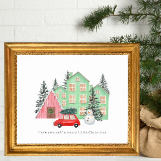 vinter God Jul stuga akvarell vintage Poster