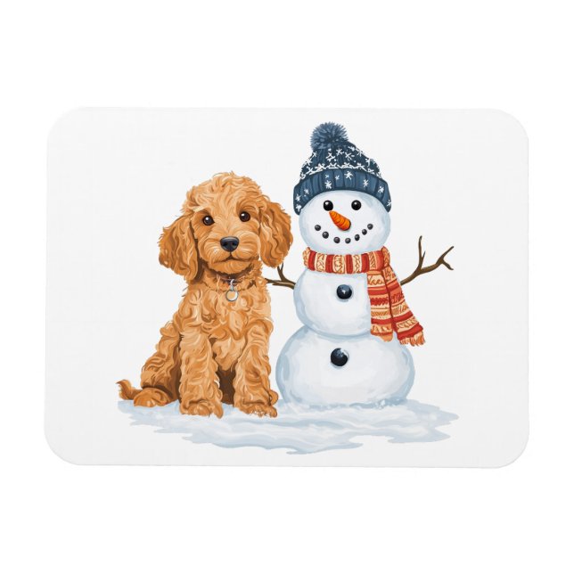 Vinter Goldendoodle Hund Söt Snöman Magnet (Horisontell)