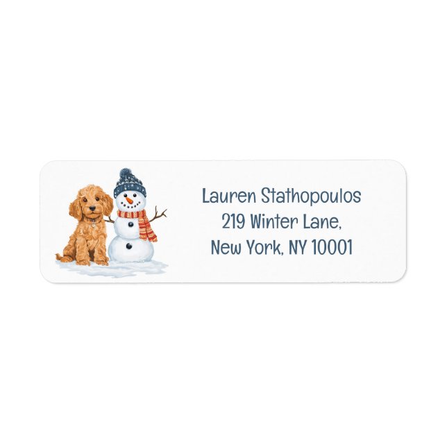 Vinter Goldendoodle Hund Söt Snöman Returadress Etikett (Framsidan)