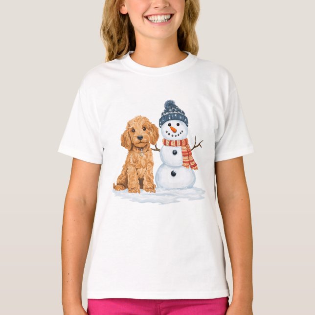 Vinter Goldendoodle Hund Söt Snöman T Shirt (Framsida)
