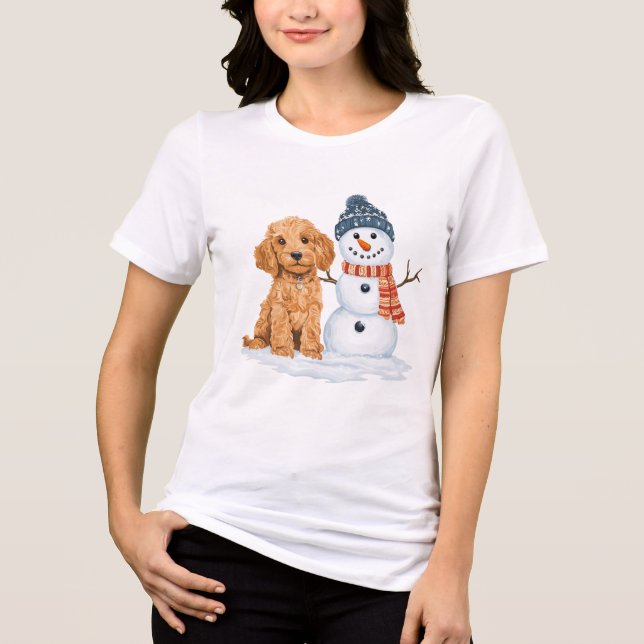Vinter Goldendoodle Hund Söt Snöman T Shirt (Framsida)