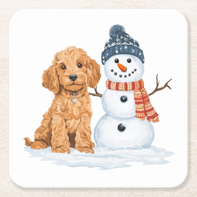 Vinter Goldendoodle Hund Söt Snöman Underlägg Papper Kvadrat (Framsidan)