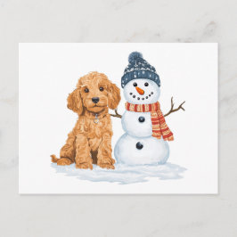 Vinter Goldendoodle Hund Söt Snöman Vykort