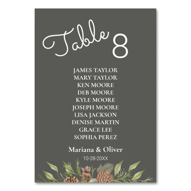 Vinter-Grått-Bordsnummer-kort med Namn Bordsnummer (Framsidan)