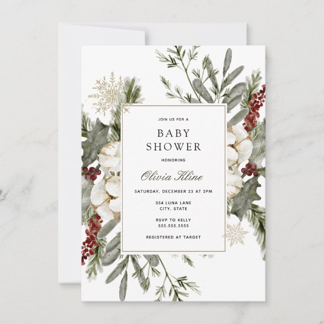 Vinter Greenery and Blommigts Baby Shower Inbjudningar (Framsida)