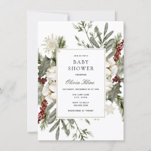 Vinter Greenery and Blommigts Baby Shower Inbjudningar