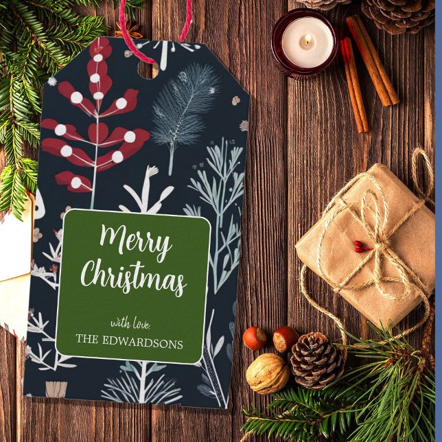 Vinter greenery botanical God jul Presentetikett (Merry Christmas, botanical winter foliage pattern, gift tags. You can add your own text and name.)
