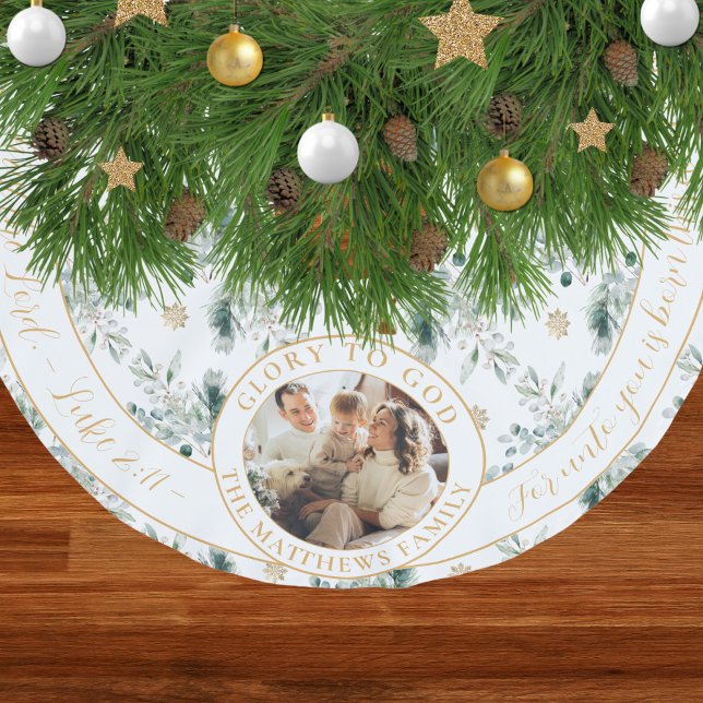 Vinter Greenery Family Photo Religiösa Jul Julgransmatta Borstad Polyester (Religious Christmas tree skirt with family photo, Bible verse and winter greenery pattern)