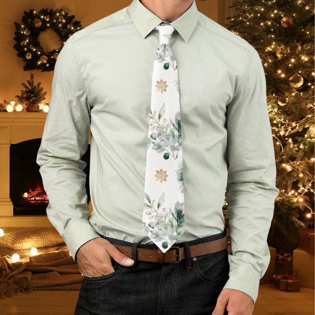 Vinter Greenery Guld Snöflingor jul Slips (Custom Christmas necktie with winter greenery, pine branches, berries and gold snowflakes.)