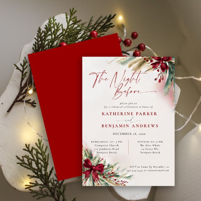 Vinter Greenery jul Bow Bröllop Rehearsal Inbjudningar (winter christmas wedding rehearsal dinner invitation greenery botanical berries red green watercolor)