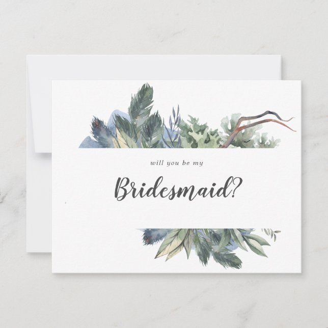 Vinter Greenery, kommer du att bli min bridesmaid Anteckningskort (Framsida)