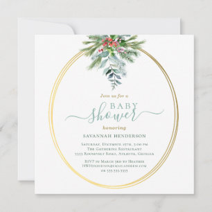 Vinter Greenery och Guld Baby Shower Inbjudningar