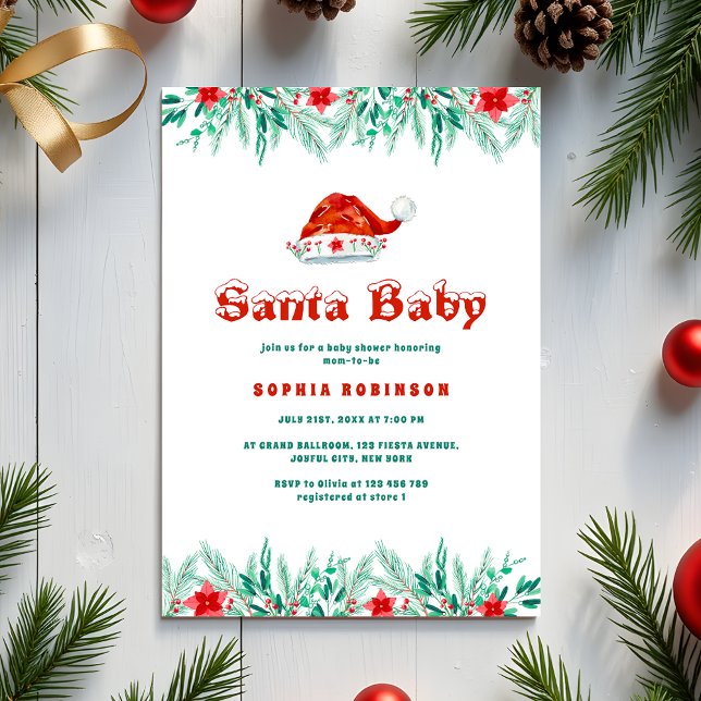Vinter Greenery Santa Baby jul Baby Shower Inbjudningar (Skapare uppladdad)