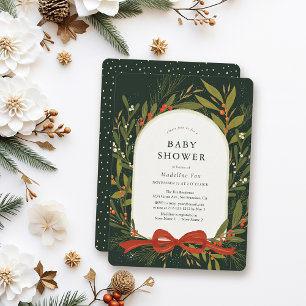 Vinter Greenery WAN Red Bow Grönt Baby Shower Inbjudningar