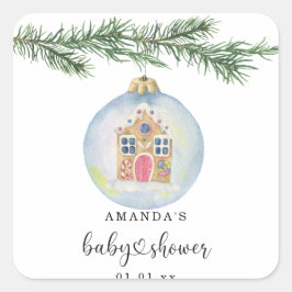 Vinter gren med leksak babydusch fyrkantigt klistermärke