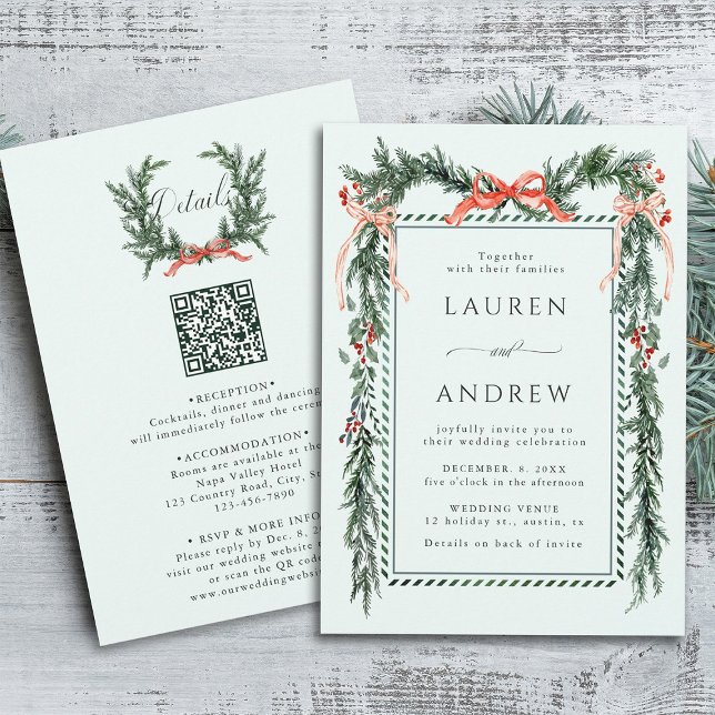 Vinter Grönt Garland Bröllop Allt i Ett Mint Inbjudningar (Front & Back)