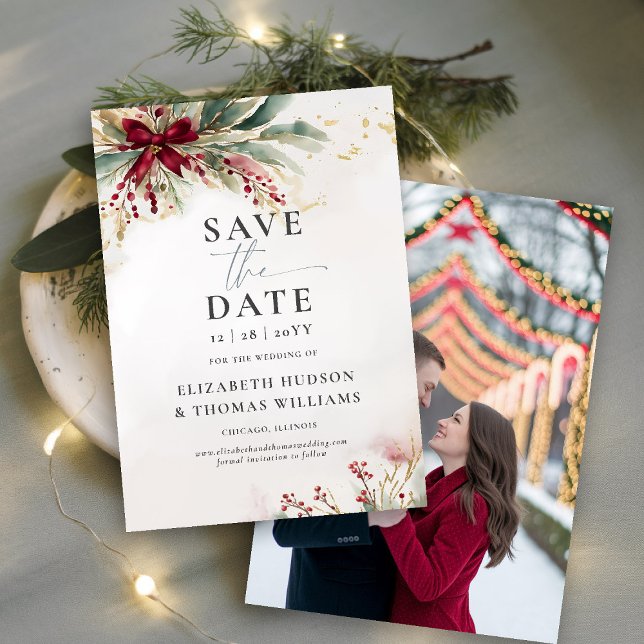 Vinter-Gröntar Jul Red Bow Photo Bröllop Spara Datumet (winter wedding save the date christmas bow greenery berries watercolor elegant photo template)
