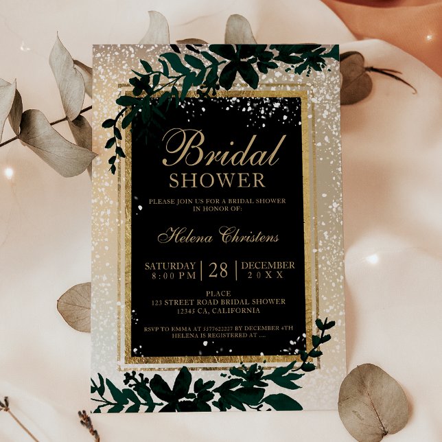 Vinter-guld-typografi löv snö möhippa inbjudningar (Winter gold typography leaf snow bridal shower invitation)