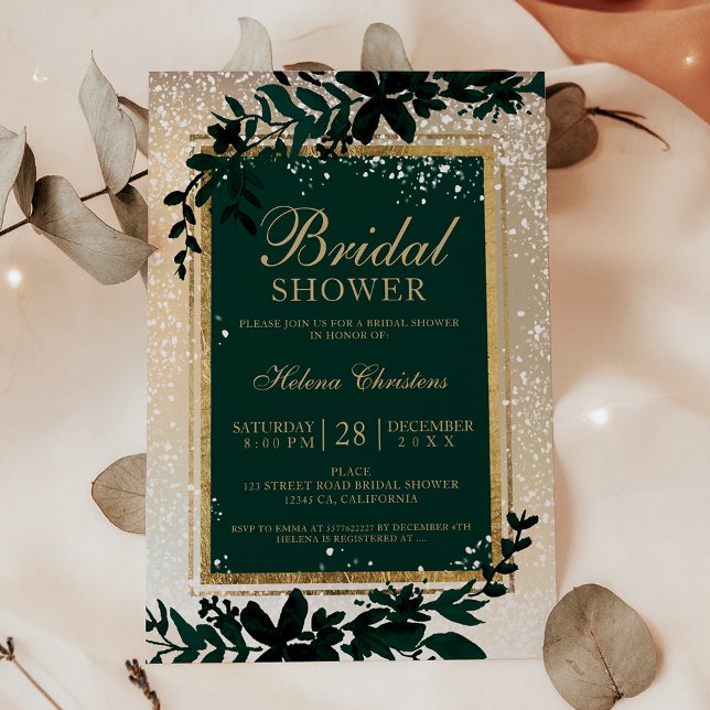 Vinter-guld-typografi löv snö möhippa inbjudningar (Winter gold typography leaf snow bridal shower invitation on green)