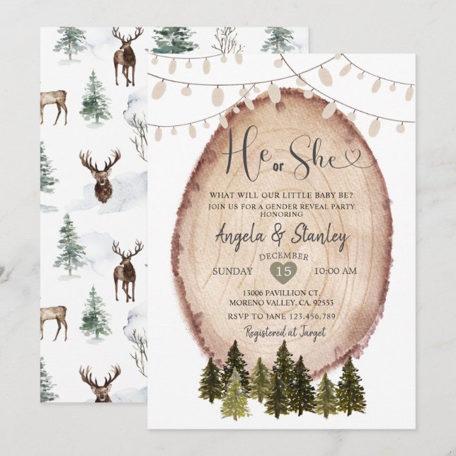 Vinter Han eller hon Gender Reveal Rustic Woodland Inbjudningar (Fram/baksida)
