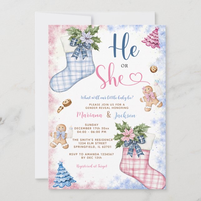 Vinter Han eller hon Santa Socks Cookies Gender Re Inbjudningar (Framsida)