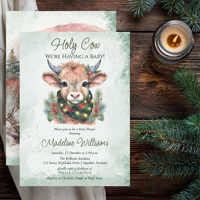 Vinter Helgdag Highland Heliga Cow Baby Shower Inbjudningar (Winter Holiday Highland "Holy Cow" Evergreen Baby Shower Invitation - Print | Digital Download)