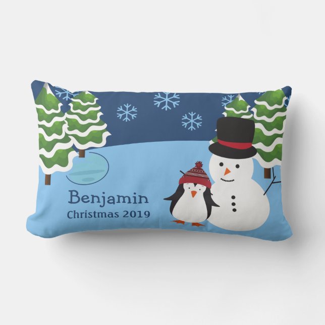 Vinter Helgdag Penguin och Snögubbe jul Lumbarkudde (Framsida)