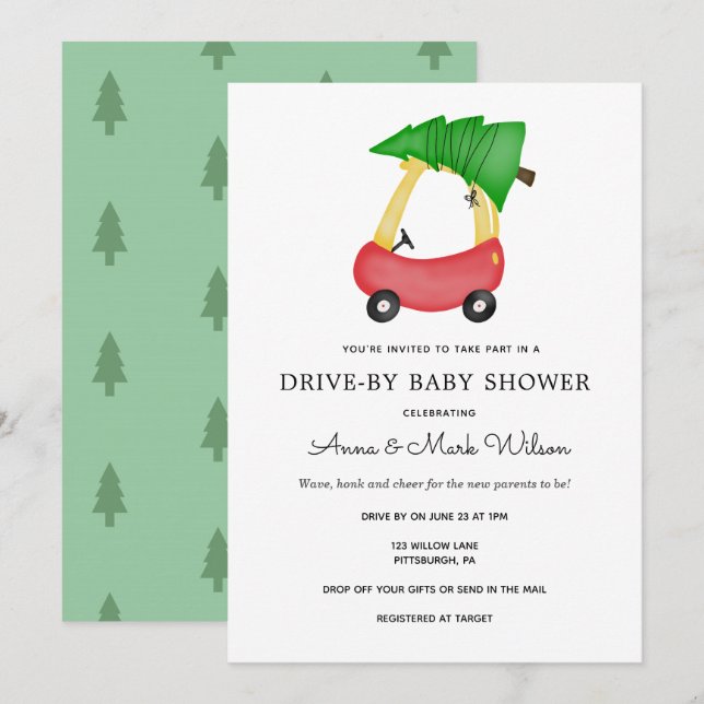 Vinter-Helgdag Red Car Drive by Baby Shower Inbjudningar (Fram/baksida)