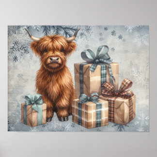Vinter Highland Ko Blå Gåvor Poster