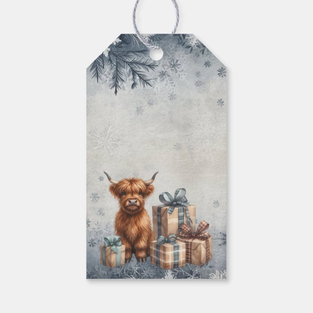 Vinter Highland Ko Blå Gåvor Presentetikett (Baksidan)